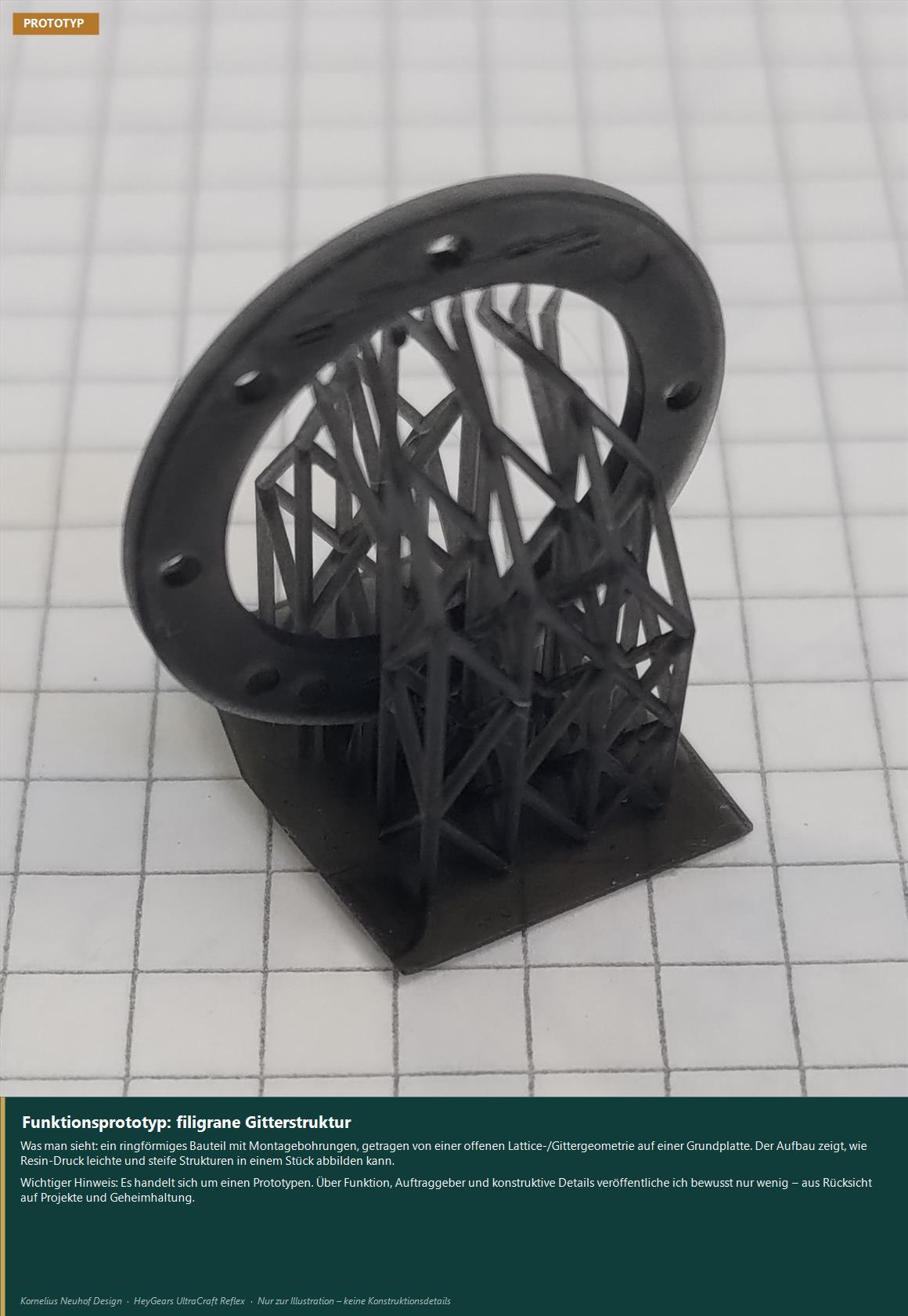Prototyp: filigrane Gitterstruktur mit Ring und Montagebohrungen, Resin-3D-Druck
