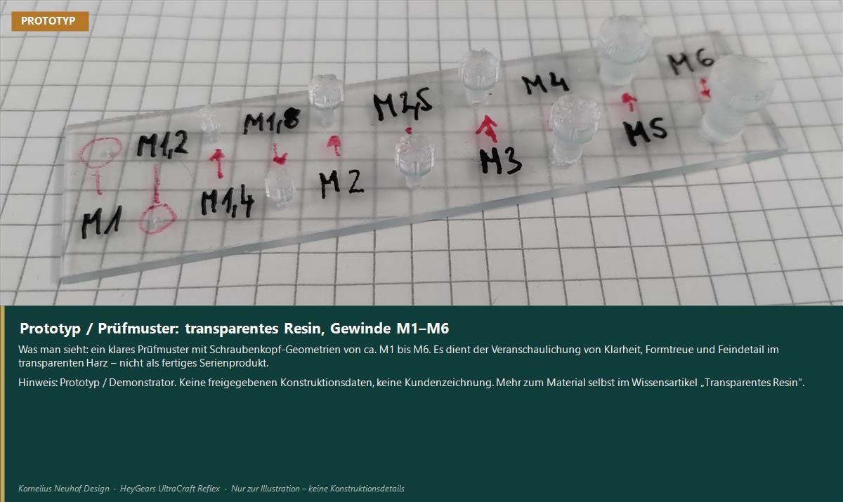 Transparentes Resin-Prüfmuster mit Schraubenkopf-Geometrien M1 bis M6 – Prototyp, HeyGears Reflex