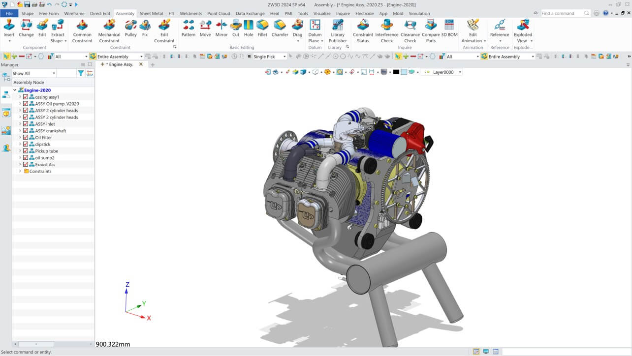 ZW3D Standard – 3D-Baugruppe Motor im CAD-Arbeitsfenster